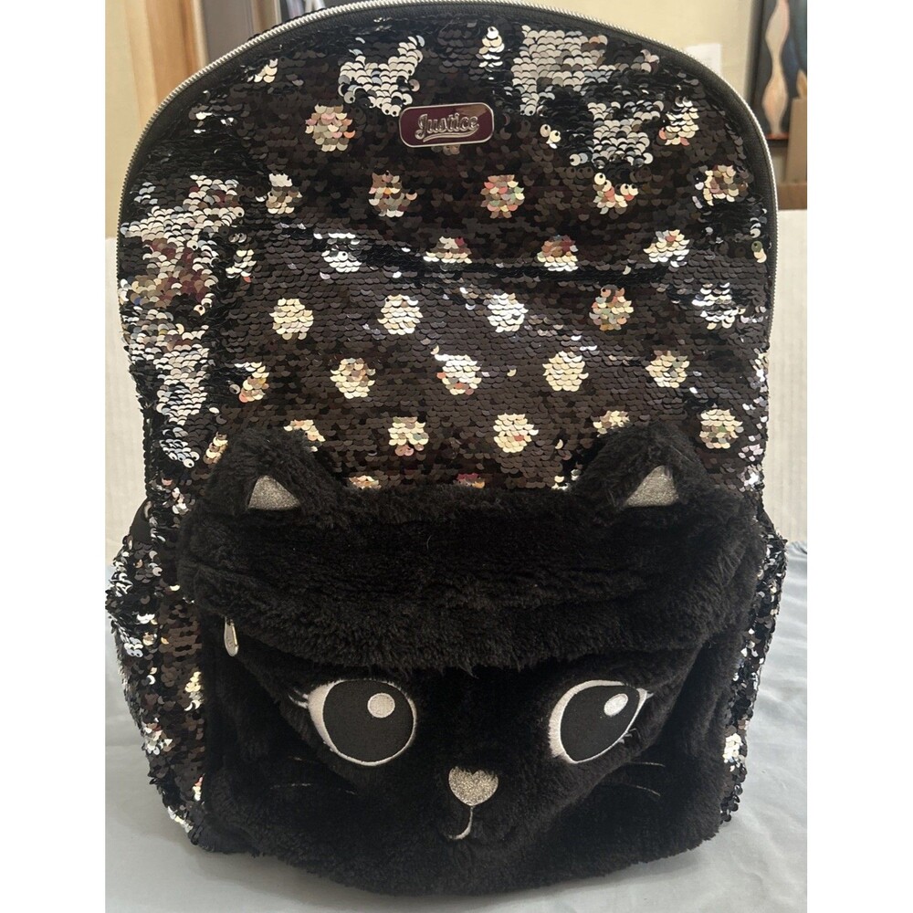 Justice Girls Plush Cat Black/Silver Sequin Full Size Backpack School Bookbag